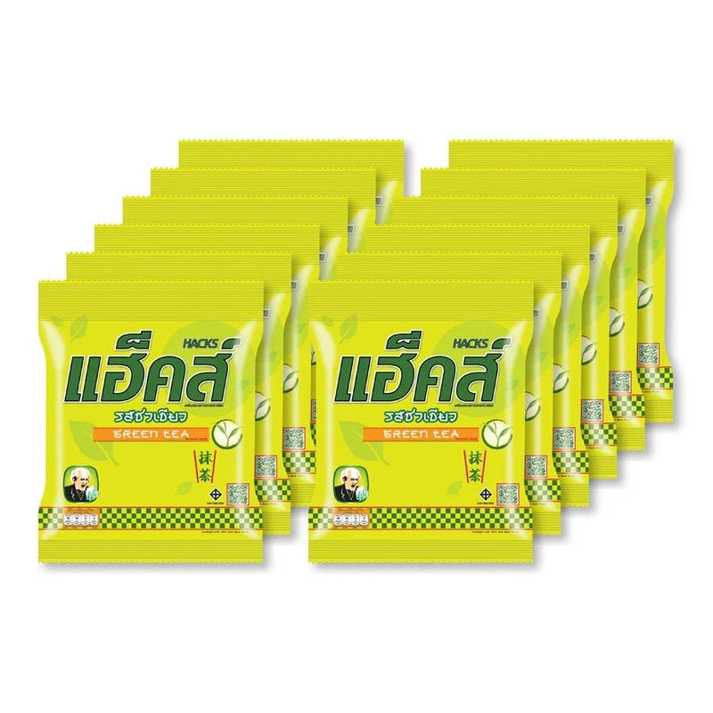 Hacks Candy Green Tea snack pack, 24.3g x12, dry grocery confectionery with green tea flavor in colorful packaging