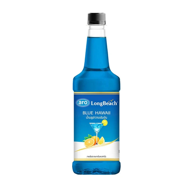 ARO X LONG BEACH Blue Hawaii concentrated juice in an 850ml bottle, ideal for dry grocery use, vibrant blue beverage.