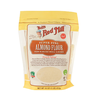 Bob's Red Mill Super-Fine Almond Flour in a bag, highlighting its light, finely ground texture for baking and cooking.