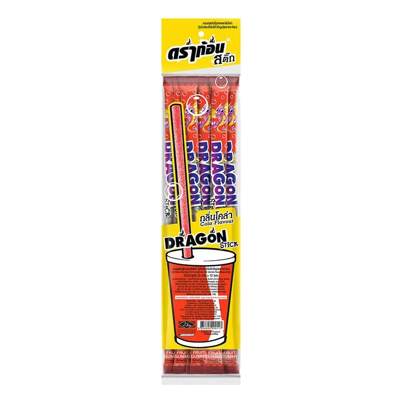 Dragon Tongue Stick Gummy Cola 22g, chewy candy snack from Dragon Tongue, featuring cola flavor and colorful packaging.