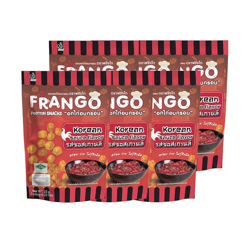 FRANGO Chicken Protein Snack with Korean Sauce flavor, 22g packs, featuring crispy chicken pieces in savory sauce packaging.