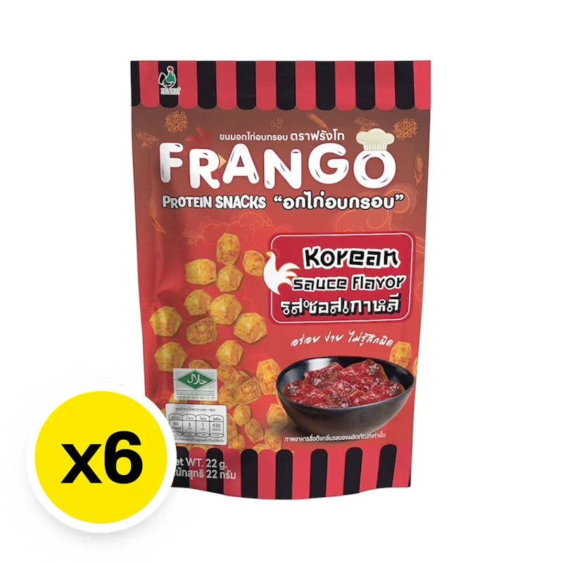 FRANGO Chicken Protein Snack in Korean Sauce flavor, 22g x 6 packs, dry grocery snack with savory chicken flavor.