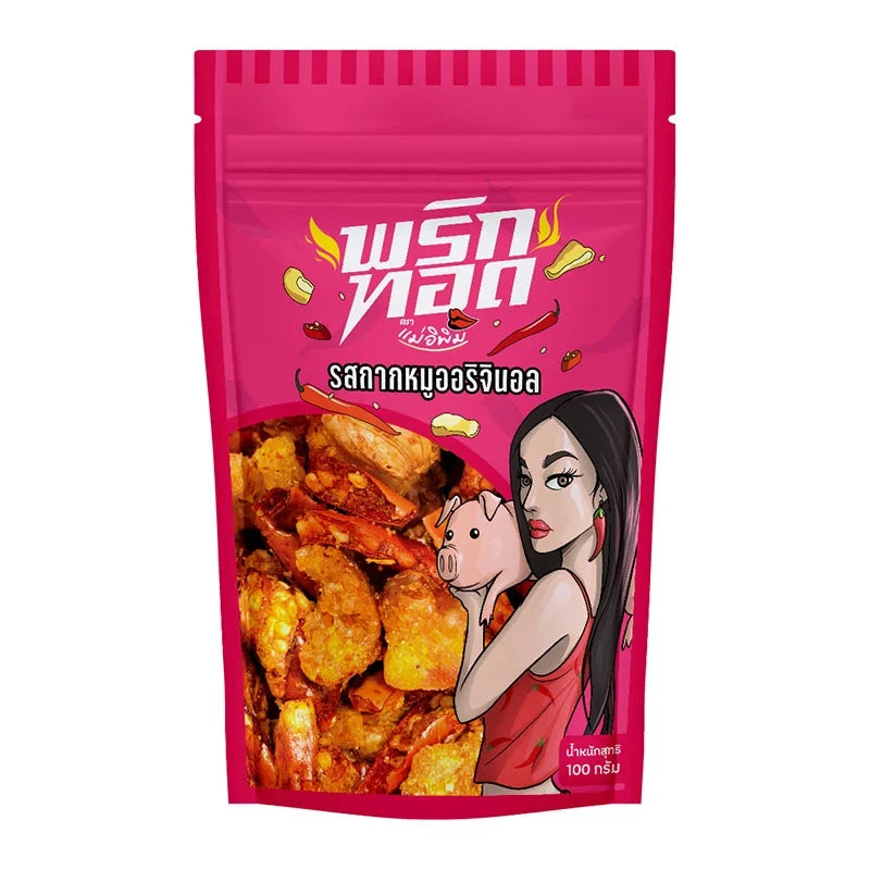 MAE E PIM Chili Snacks with Crackling, original flavor, 100g pack, dry grocery snack with spicy chili and crunchy texture.