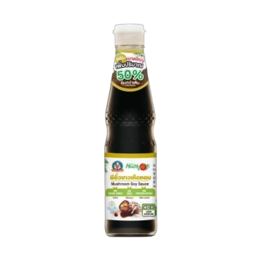 Deksomboon Mushroom Soy Sauce Less Sodium bottle, 300ml, in a clear plastic container with a green cap, for dry grocery use
