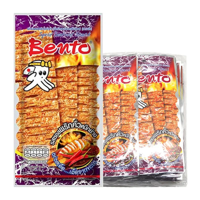 BENTO Bento Squid Seafood Snack with Chilli Sauce, 4g x 24 packs, dry grocery snack, grilled squid and chili flavor