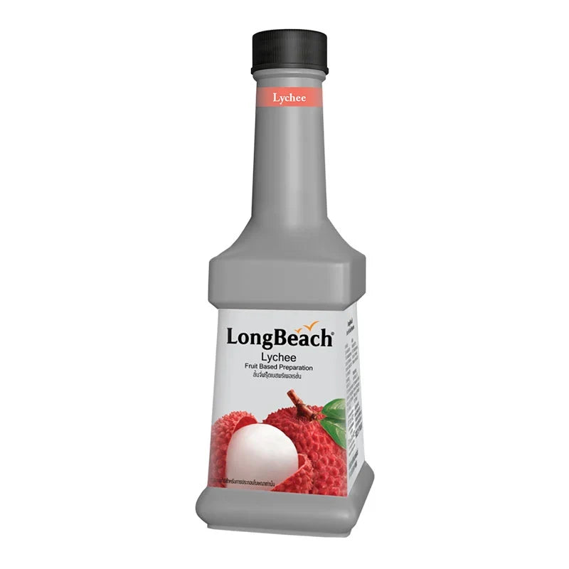 Long Beach Lychee puree in a 900ml bottle, fruit-based preparation for desserts and cooking, dry grocery product.