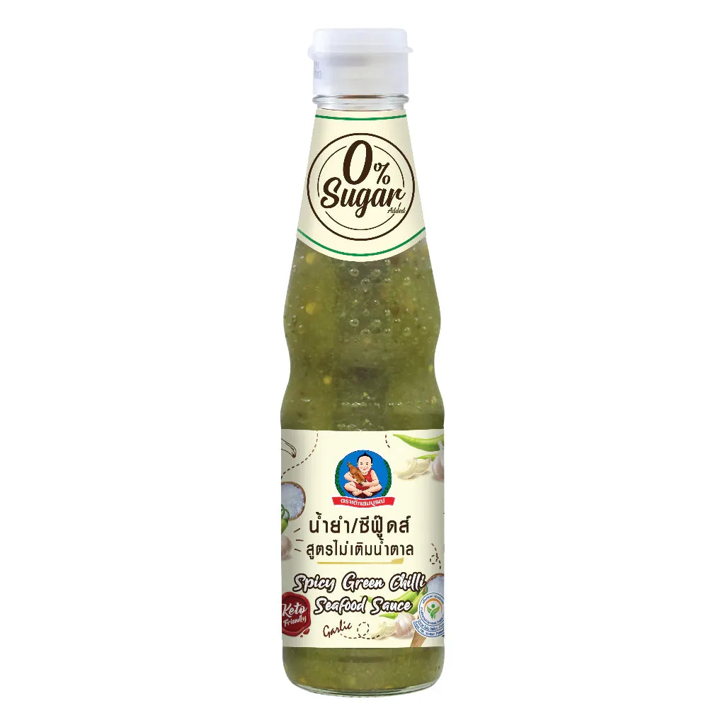 Deksomboon Keto Spicy Green Chili Seafood Sauce 350g in jar, featuring green chili and seafood ingredients for dry grocery use.