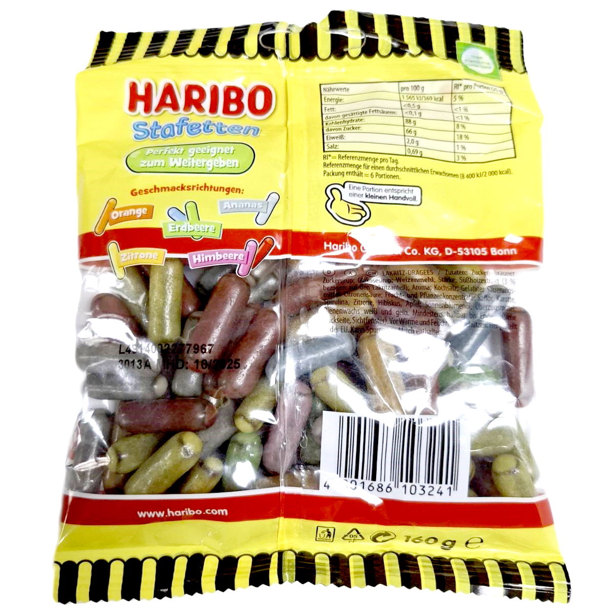 Haribo Stafetten confectionery snacks featuring colorful, chewy gummy candies in various fruit flavors.