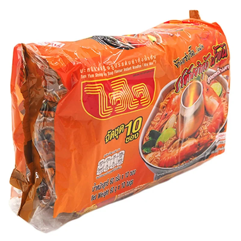WAIWAI Instant Noodles Tomyum Kung dry grocery pack with 10x60g servings, featuring spicy and tangy Thai flavor noodles.