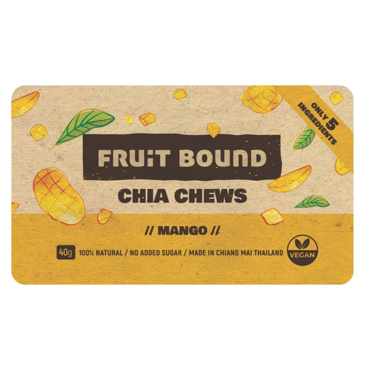 Fruit Bound Mango Chia Fruit Bar showing the colorful wrapper and the bar's mango flavor on a white background.