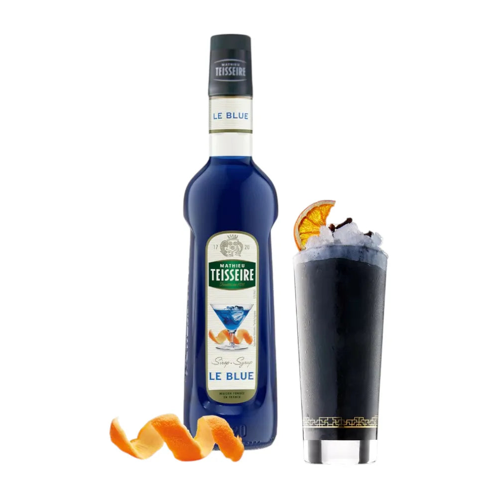 Mathieu Teisseire Le Blue Curacao syrup in 700ml bottle, blue color, ideal for cocktails and drinks in dry grocery section.