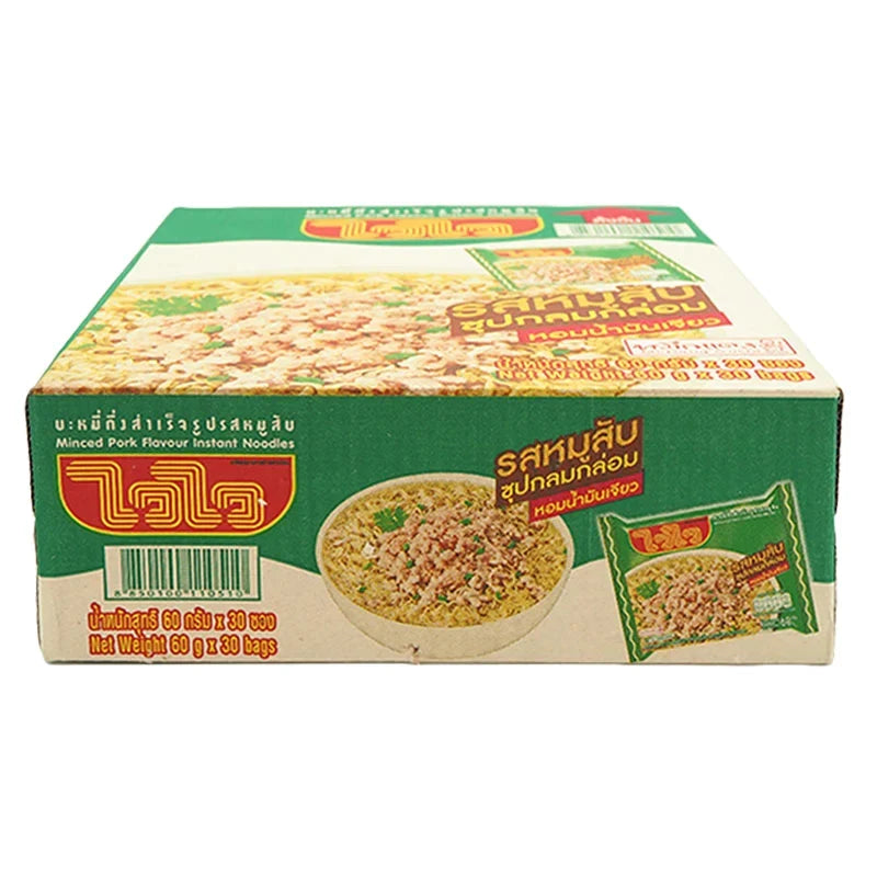 WAIWAI Instant Noodle Minced Pork, 60g x30 packs, dry grocery product with cooked noodles and minced pork flavor in the image.