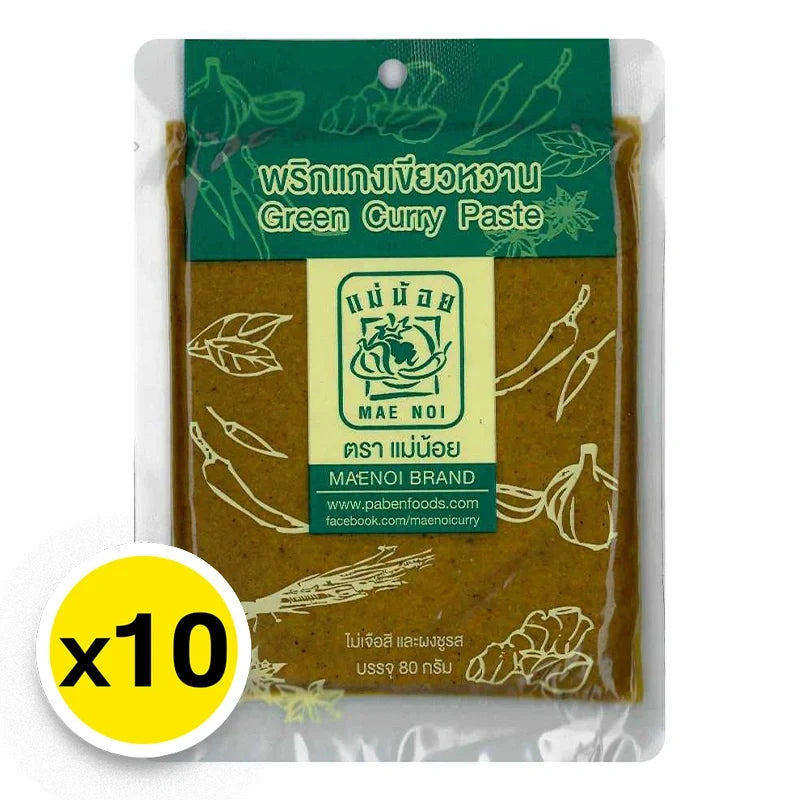 MAE NOI Green Curry Paste 80g x10 box, dry grocery product with vibrant green Thai curry paste in a sealed package
