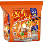 Mama Instant Noodles Shrimp Creamy Tom Yum flavor in a bowl with noodles, shrimp, and herbs, ready to eat.