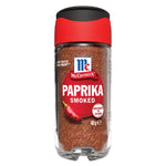 Mccormick Smoked Paprika 40g jar, dry grocery spice with vibrant red powder, used for adding smoky flavor to dishes.