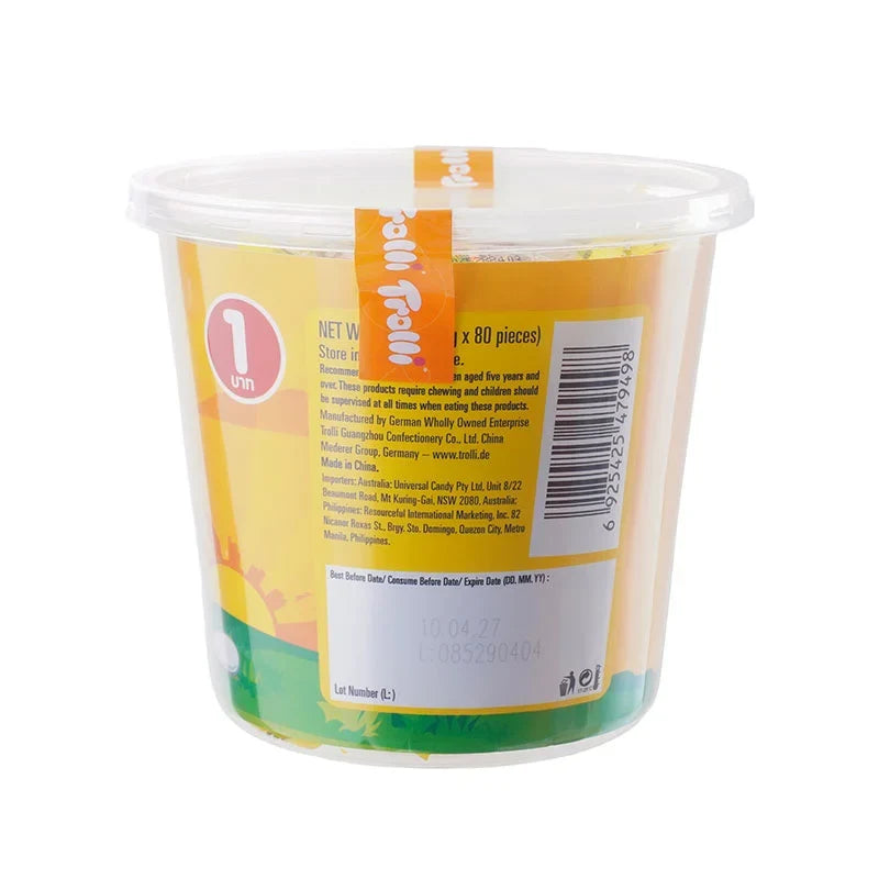 Trolli Gummy Fried Eggs, 184g, colorful gummy snack shaped like fried eggs in a clear bag.