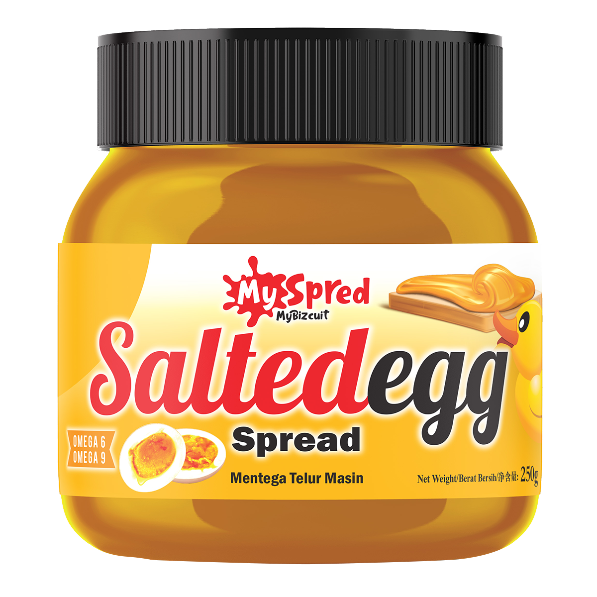 Jar of My Bizcuit My Spread Salted Egg, a savory grocery spread with salted egg flavor, shown in a clear container.