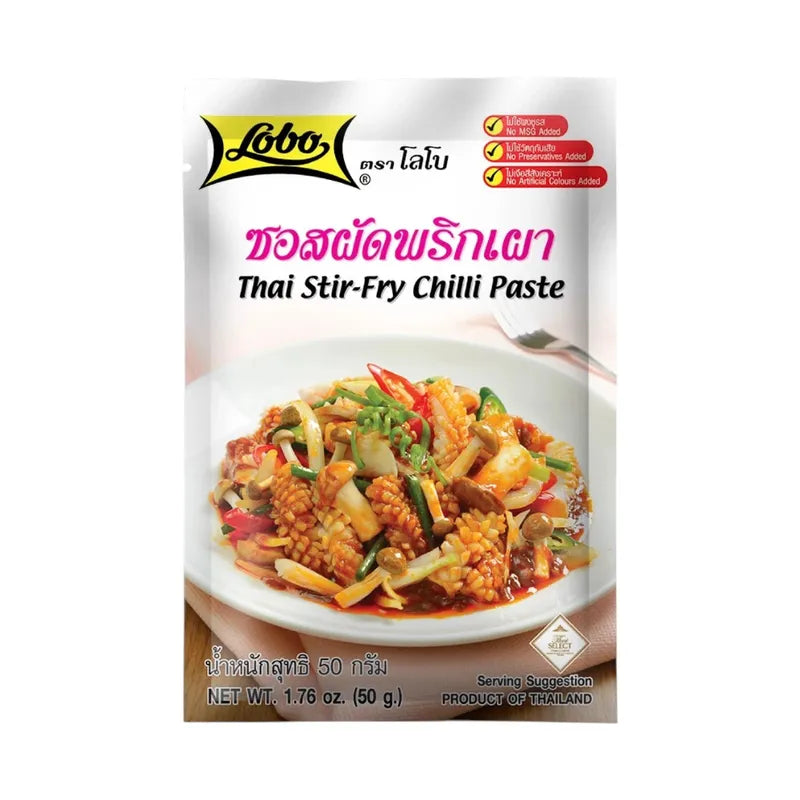 Lobo Chili Paste Stir-fry Sauce 50g in a small jar, used for spicy Asian-inspired cooking and stir-fry dishes.
