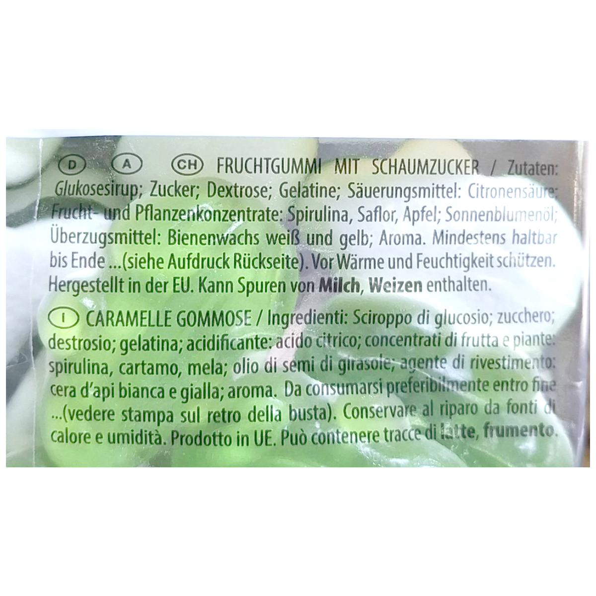 Haribo Quaxi Froschil confectionery snacks in bright green and yellow gummy frog shapes on a white background.