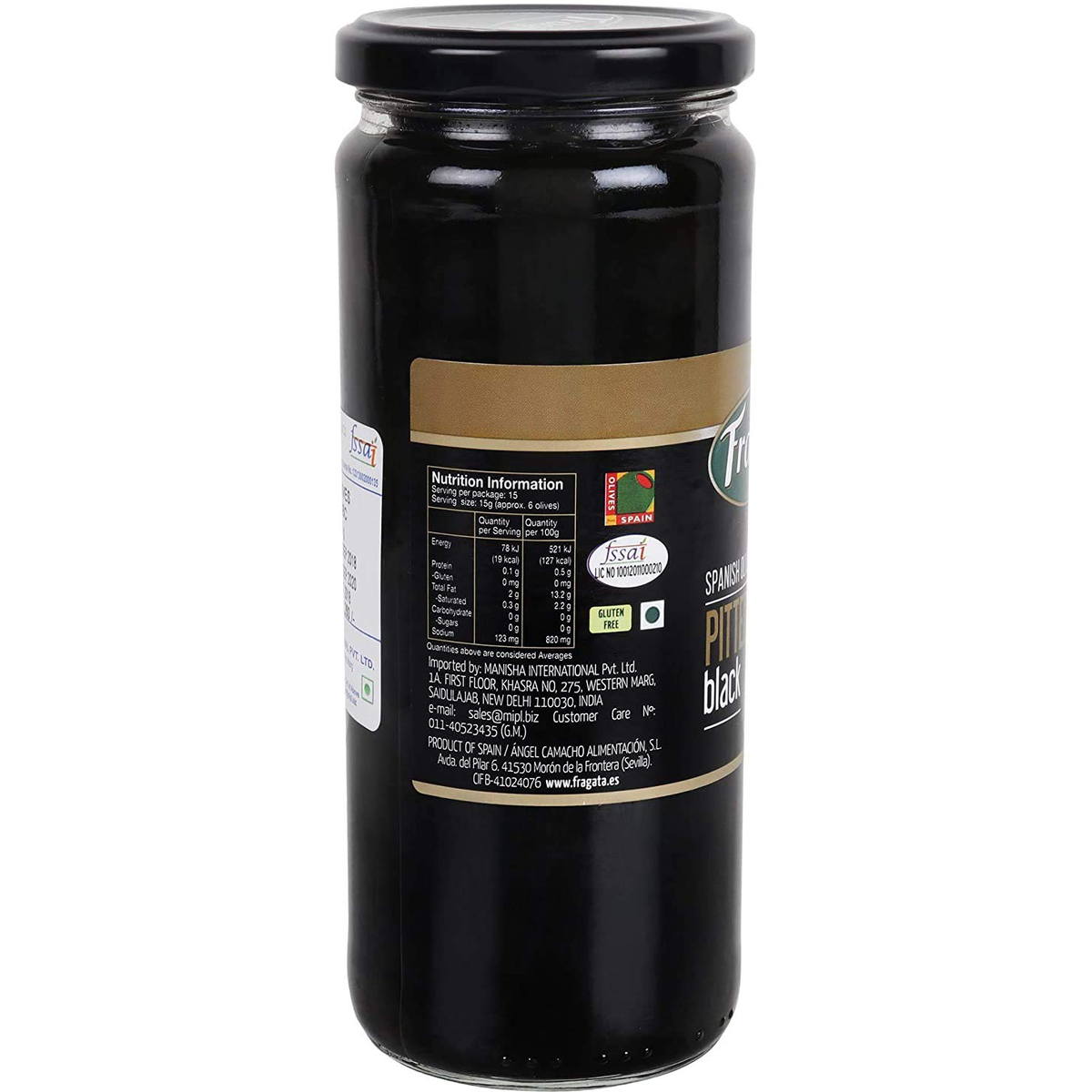 Fragata pitted Spanish black olives in a glass jar, showcasing glossy, dark olives ready for culinary use.