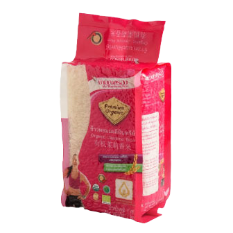 Organic jasmine rice from Mahboonkrong, displaying white grains in a clear bag, ideal for cooking fragrant rice dishes.