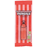 Sainsbury's Strawberry Pencils sweets, colorful confectionery snacks with strawberry flavor, arranged in a playful display