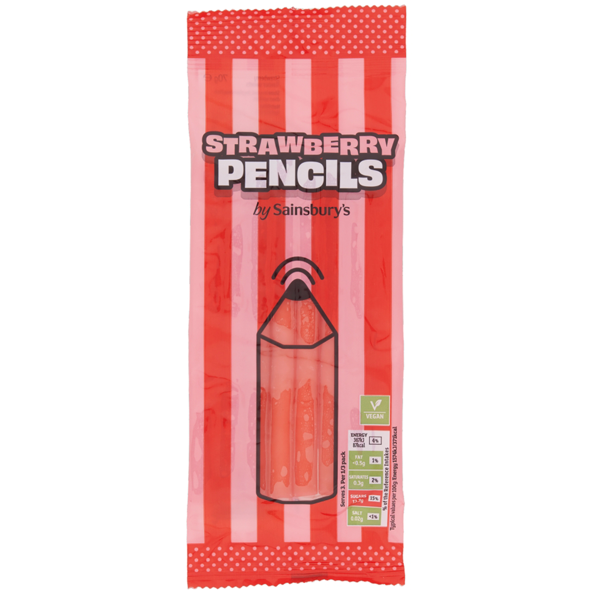 Sainsbury's Strawberry Pencils sweets, colorful confectionery snacks with strawberry flavor, arranged in a playful display