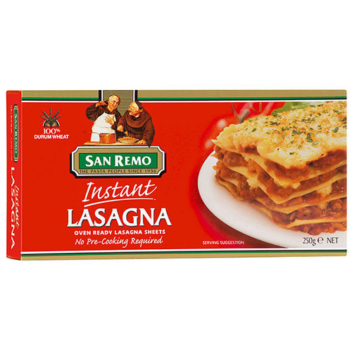 San Remo Instant Lasagna in a grocery package, showing the product packaging with branding and prepared lasagna in a dish