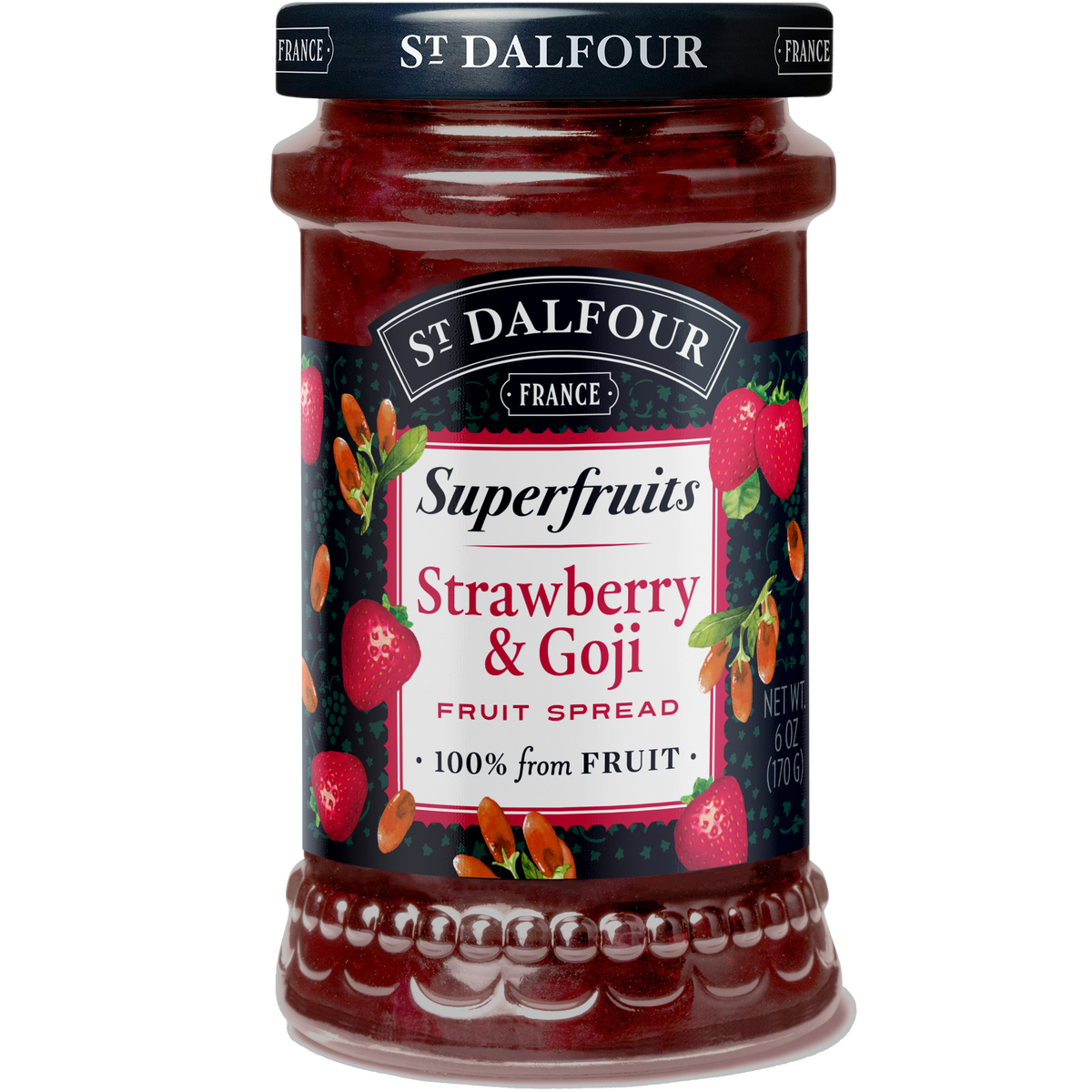 St. Dalfour Superfruits Strawberry & Goji in a jar, featuring vibrant strawberries and goji berries, for healthy snacking and recipes.