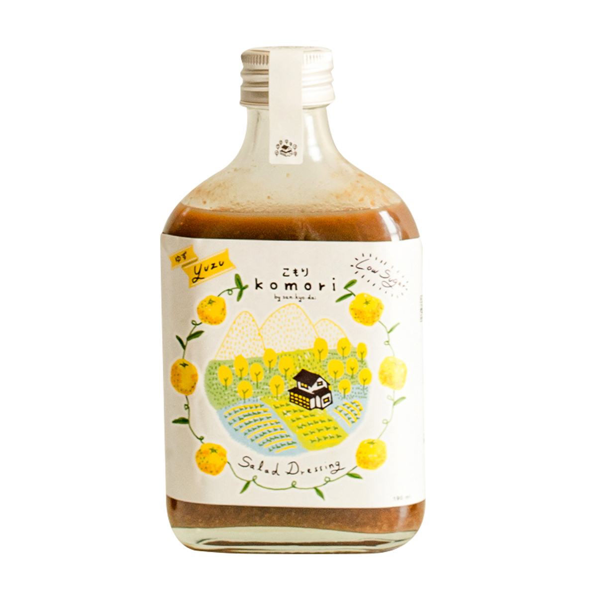 Bottle of Komori Salad Dressing Yuzu, a Japanese citrus-flavored salad dressing in a clear plastic bottle with a green cap.