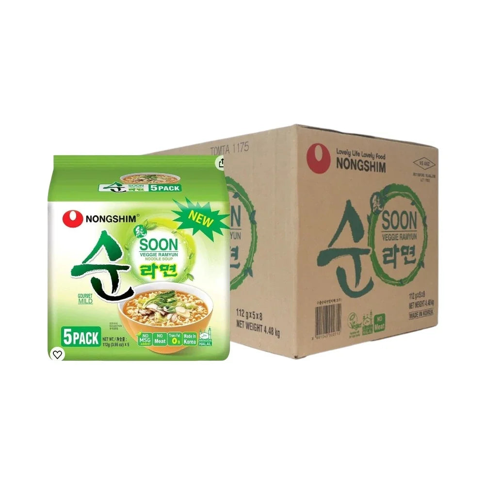 Nongshim Soon Veggie Ramyun dry instant noodle pack with colorful vegetable illustrations on the packaging.