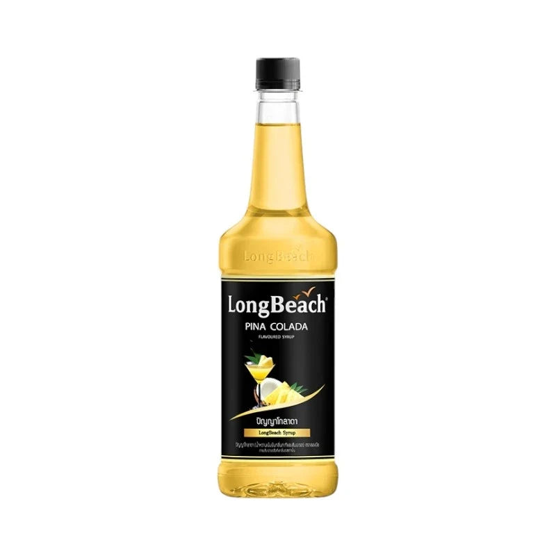 LongBeach Pina Colada syrup in dry grocery packaging, showing the bottle with vibrant label and tropical flavor branding.
