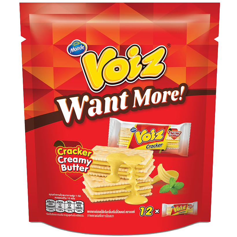 Voiz Cracker creamy butter flavor, confectionery snack with crispy crackers and rich butter taste, in colorful packaging.