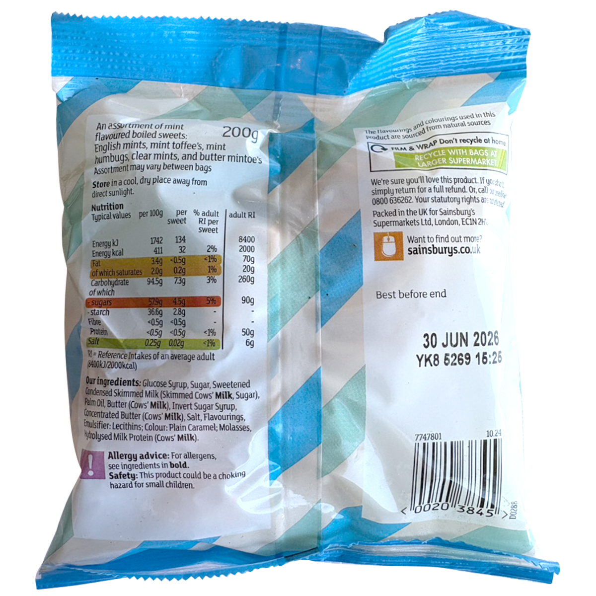 Sainsbury's Mint Assortment confectionery snacks with various mint-flavored candies and chocolates in colorful packaging.