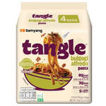 Samyang Tangle Bulgogi Alfredo Pasta in a bowl, showcasing creamy sauce, tender pasta, and bulgogi beef pieces.