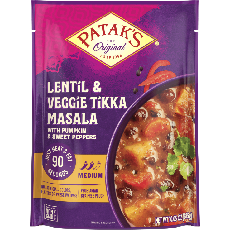 Bowl of Patak's Lentil and Veggie Tikka Masala in a white dish, showcasing the creamy, spiced vegetarian curry with lentils and vegetables.