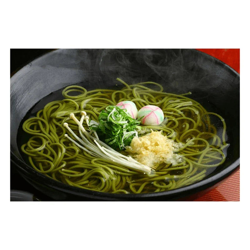 Dry grocery image of KANESU Kanesu Chasoba Uji Midori Green Tea Soba noodles in a package, made with authentic Japanese green tea.