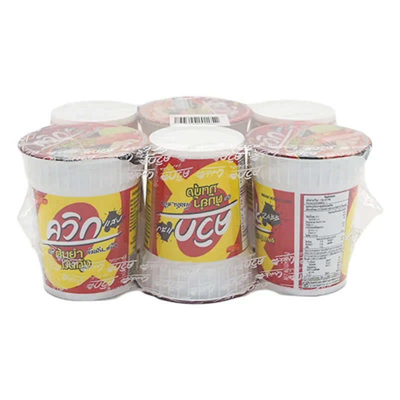 Quick Instant Noodle Cup Tom Yum Mun Kung 60g, dry grocery product with spicy soup flavor and cooked shrimp in a convenient cup.