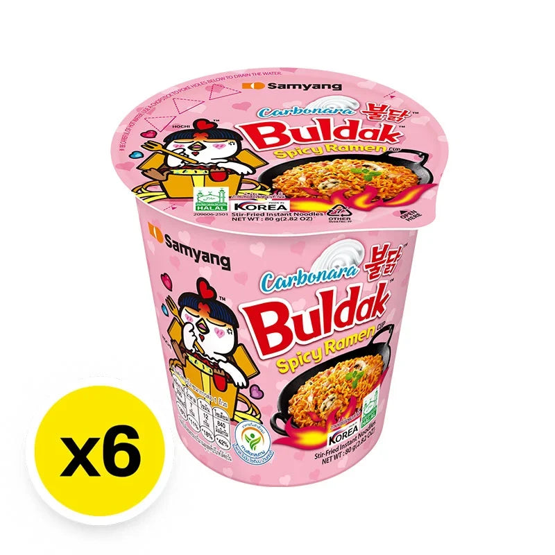 Samyang Buldak Cup Ramen Carbonara 80g, dry grocery, showing six cups with creamy carbonara flavor packaging.