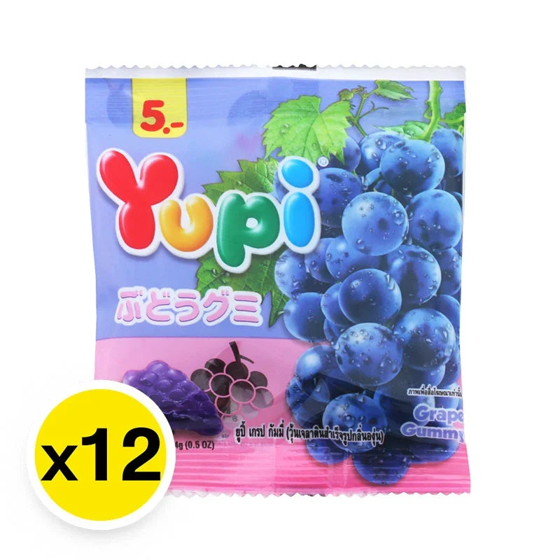 YUPI Gummy Grape candies in a 14g pack, showing colorful grape-shaped gummies from the snack and confectionery product line.