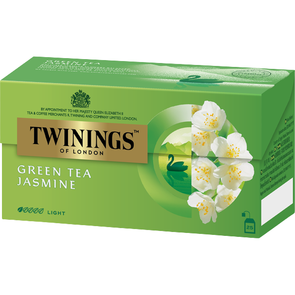 Twinings Jasmine Green Tea drink in a clear glass, showing the light green tea with jasmine flower infusion.