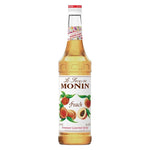 Monin Peach Syrup 700ml bottle for drinks and desserts, shown in a clear plastic container with peach flavor branding.