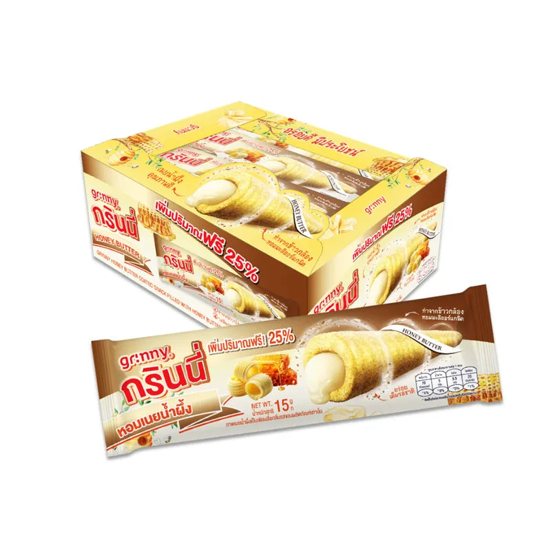 GRINNY Honey Butter Coated Snack filled with cream, 15g x 3, in colorful packaging, ideal dry grocery snack and confectionery.