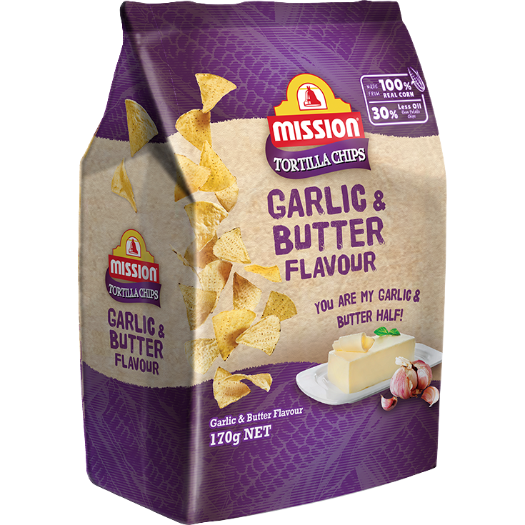 Mission Garlic & Butter Flavored Tortilla Chips, savory snack with crispy texture and golden appearance, perfect for snacking.