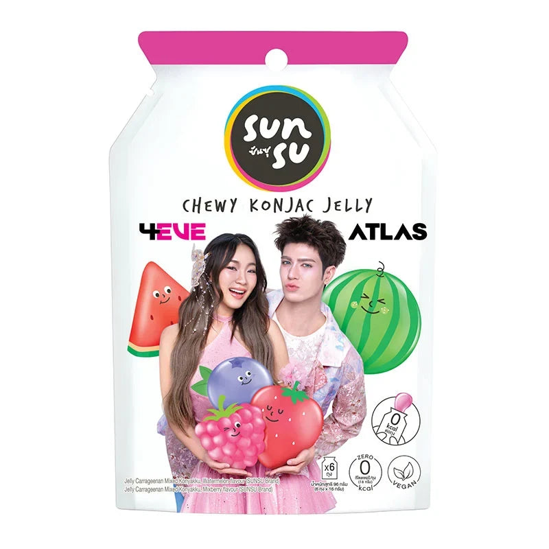 Sunsu Jelly Watermelon and Mixberry snack packs, 96g each, in a box of six, featuring colorful fruit-flavored jelly candies.
