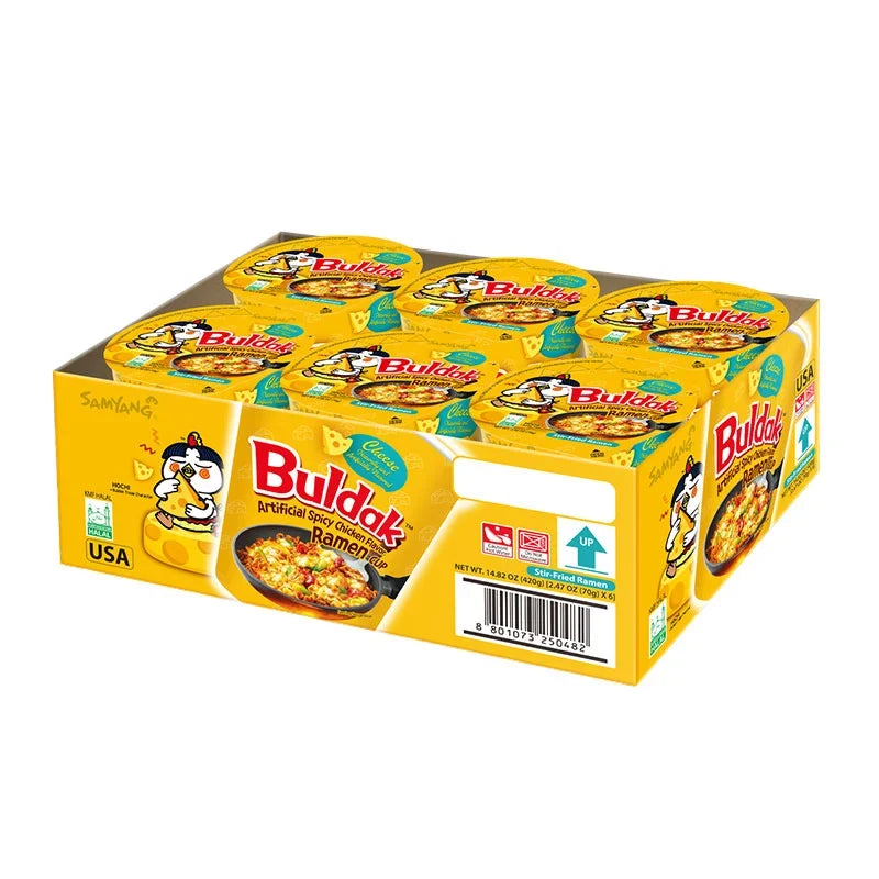 Samyang Buldak Cup Ramen Cheese flavor, 70g, six-pack, Korean dry grocery instant noodles in a cup with cheese sauce.