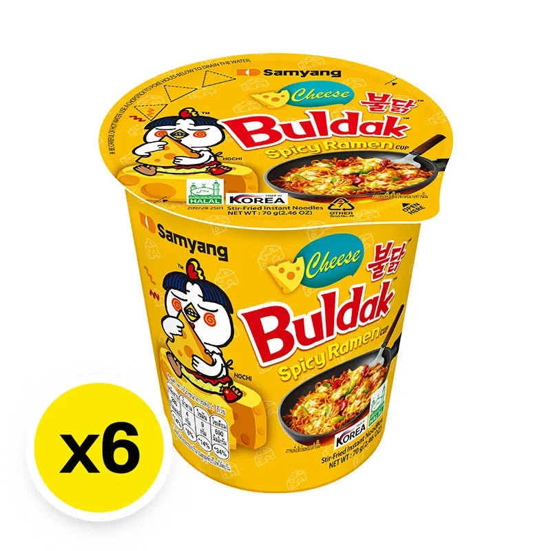 Samyang Buldak Cup Ramen Cheese flavor, 70g x6 packs, dry grocery instant noodles with spicy cheese seasoning in cups