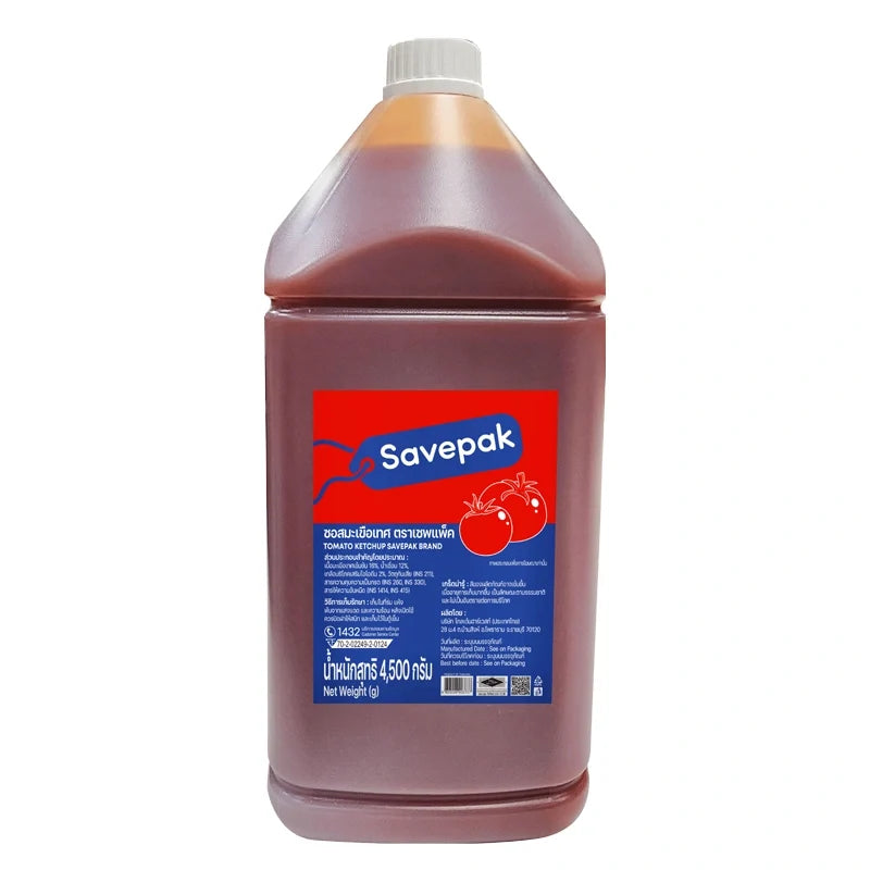 Savepak Tomato Ketchup 4.5kg bottle, a dry grocery product with a red label and cap, displayed on a plain background.