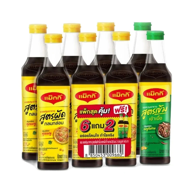 Six bottles of MAGGI seasoning sauce, 200ml each, in a dry grocery product display, showing the dark soy-like sauce in clear bottles.