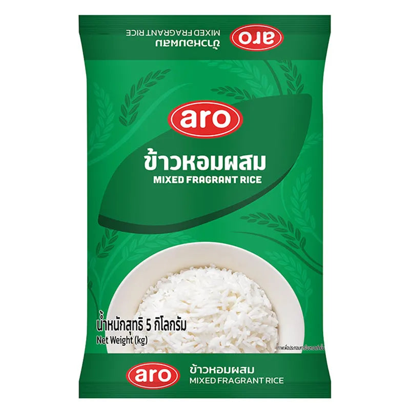 ARO Fragrant Rice 30% dried rice grains in a clear bag, showcasing the premium quality of ARO brand dry grocery product.